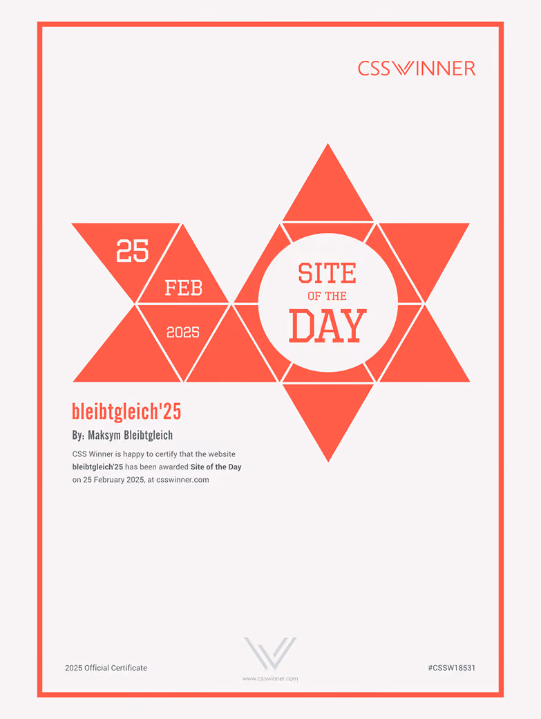 CSS Winner Site of the Day certificate for bleibtgleich'25, February 25, 2025
